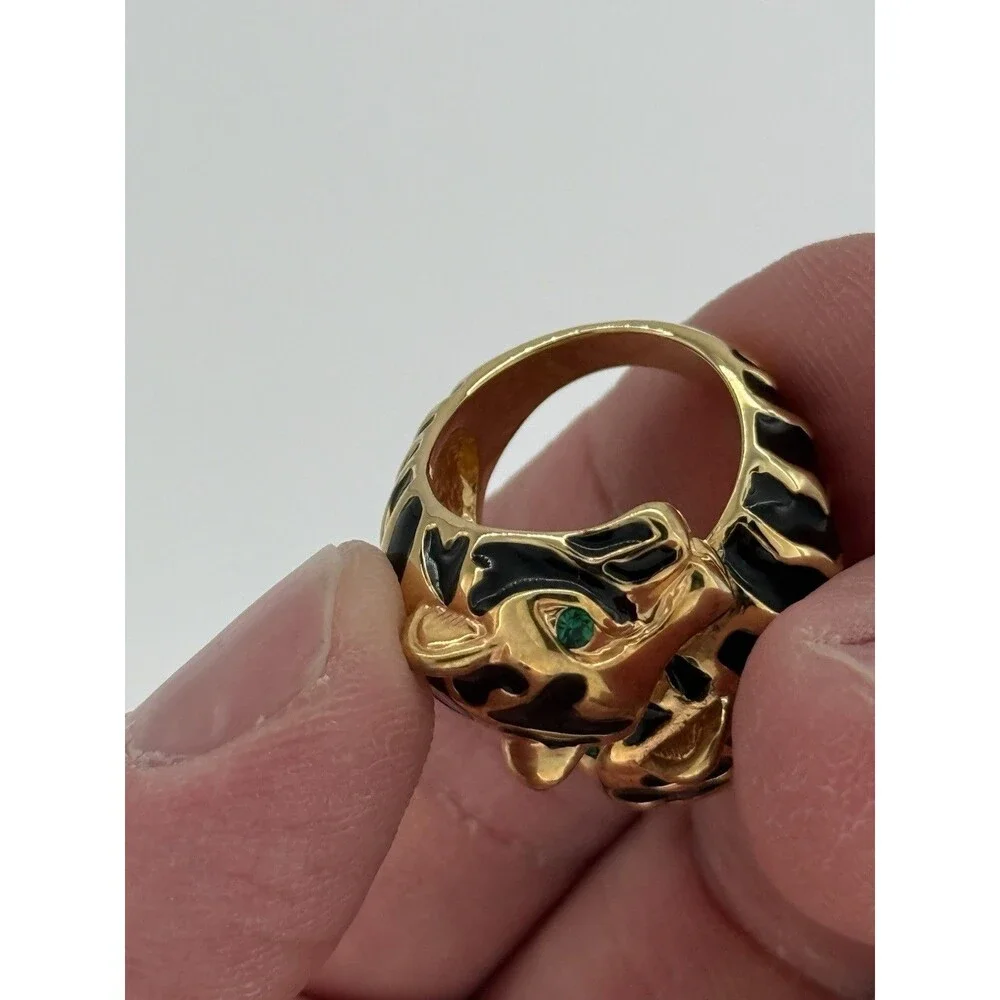 Gold Tone Cheetah Bypass Ring Cheetah Print Green Crystal Eyes China Sz 7.25
